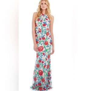 Mystic Floral Embroidered Ivory Maxi Dress with Red & Blue Accents